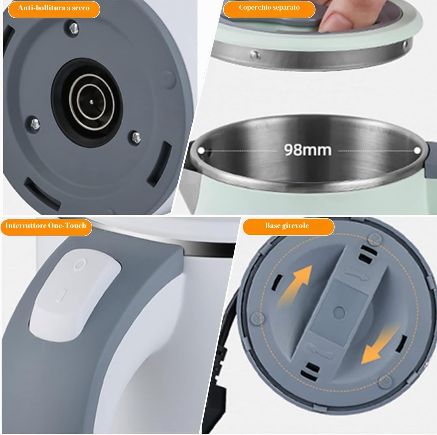 Bollitore elettrico in acciaio inox, da campeggio, mini bollitore da viaggio per 0,8 l, 600 W, protezione dal surriscaldamento, funzione di cottura a pressione, silenzioso (nero)