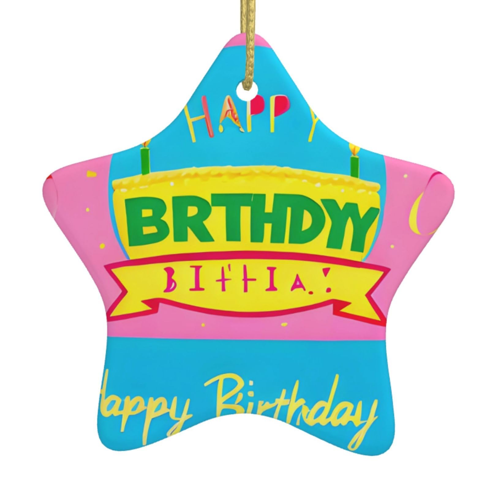 Happy Birthday Balloon Christmas Ceramic Star Pendant with Punched Holes and Gold Wire Rope, Christmas Tree Home Decoration