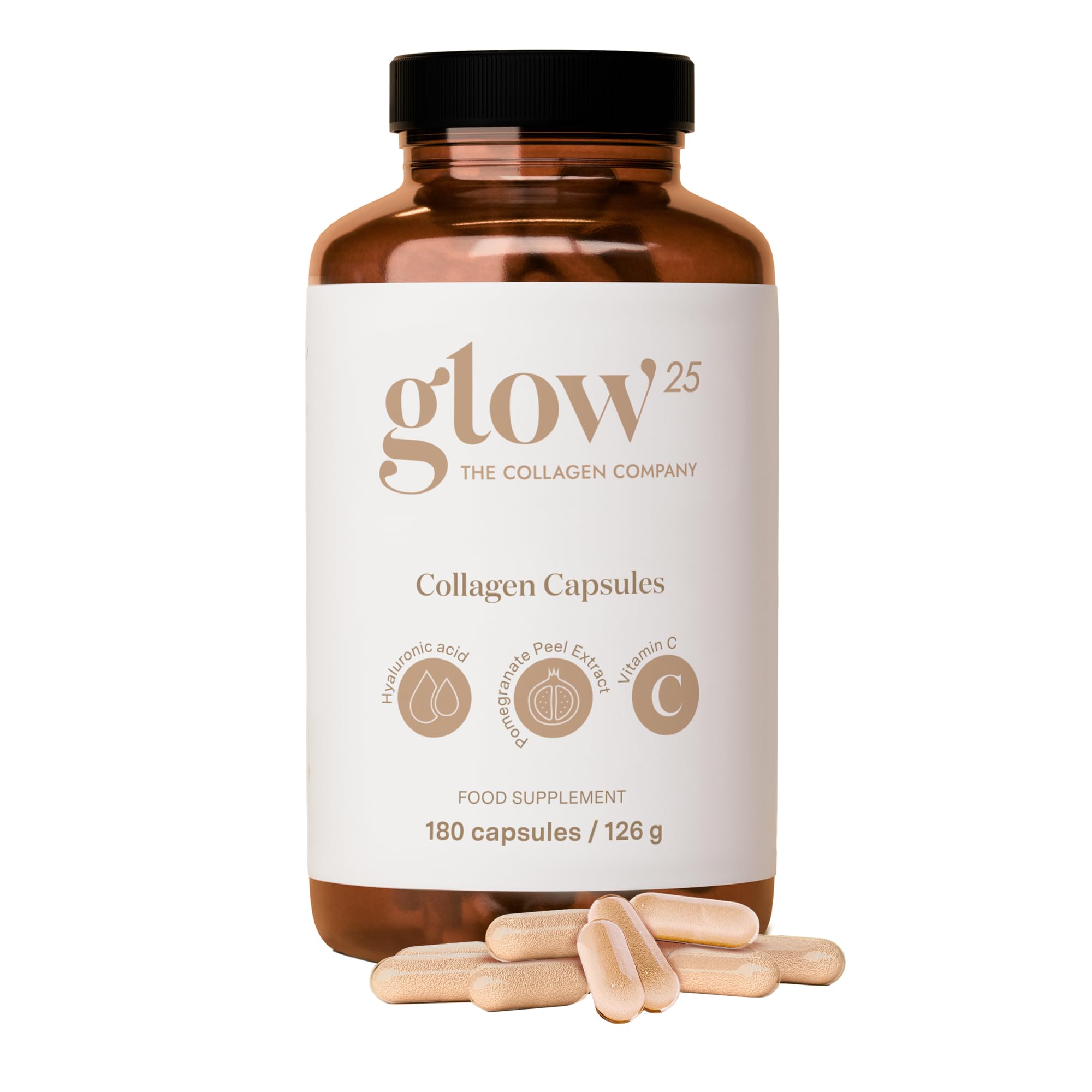 Glow25® Gélules de collagène 180 avec acide hyaluronique et vitamine C | Collagène hydrolysé de haute qualité avec acide hyaluronique et vitamine C, testé en laboratoire, fabriqué en Allemagne