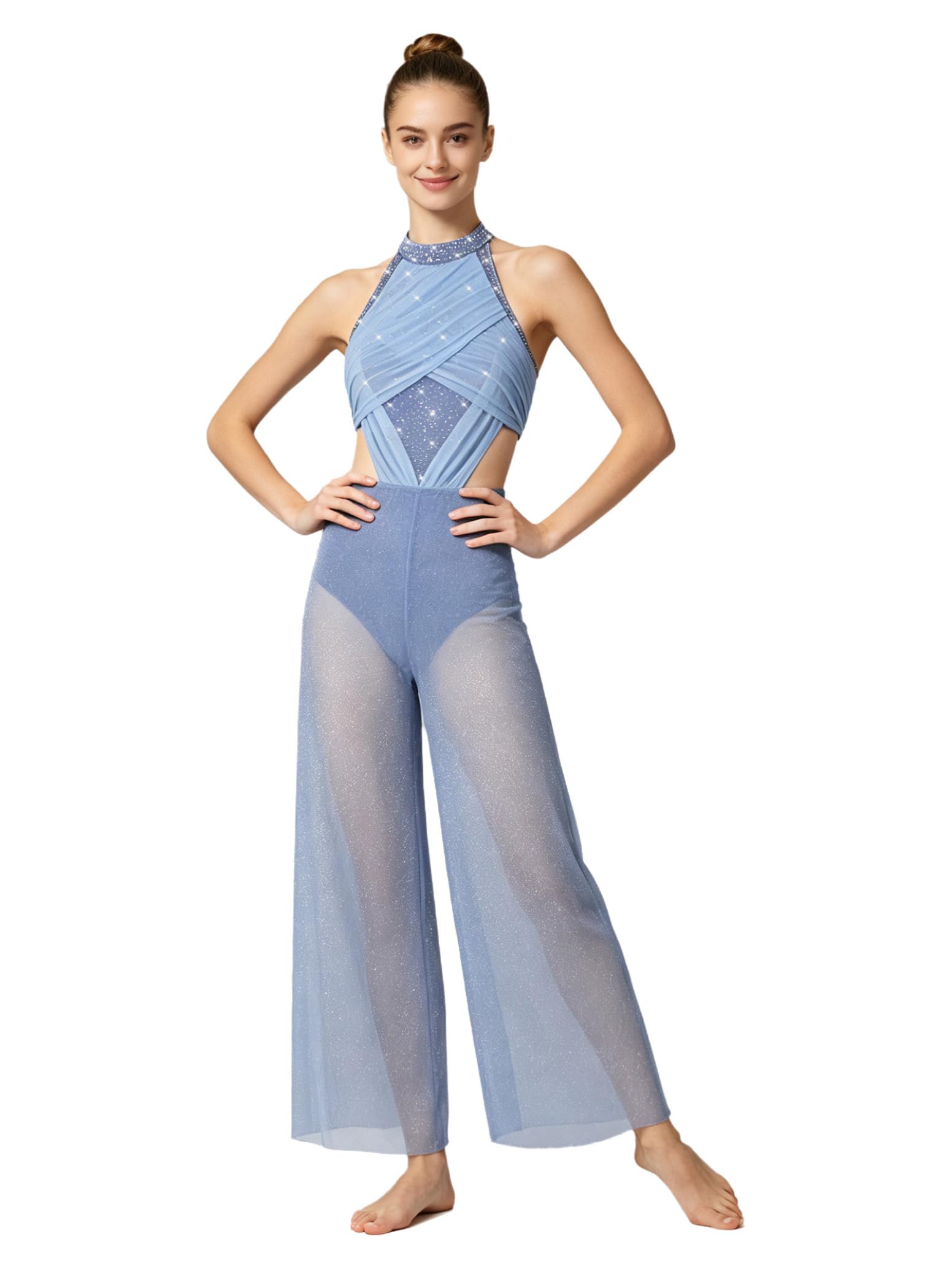 Donna Tuta Intera Ginnastica Artistica Jumpsuit Pattinaggio Latino Blu 3XL