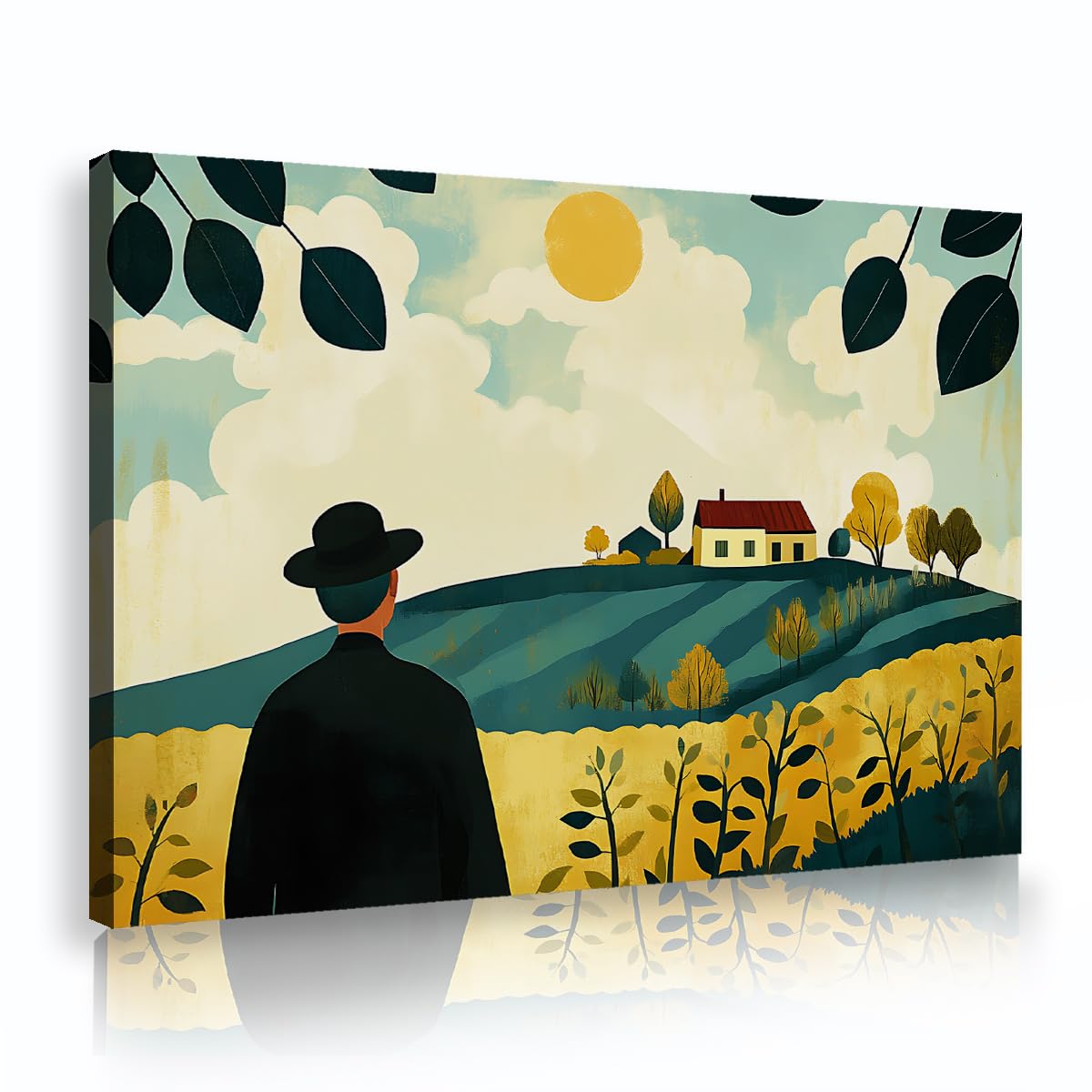 YUNART Cartoni murali su tela paesaggistica vintage incorniciata immagine dell'uomo con cappello campagna pittura in campo decorazione naturalistica 45x68cm Telaio interno