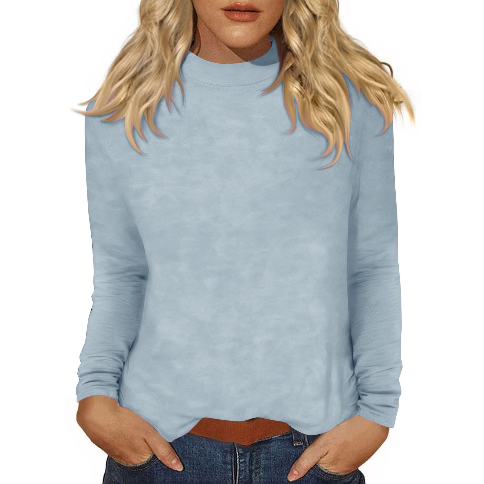 Camiseta Mujer Manga Larga Original Tops de Cuello Alto Primavera Otoño Color Sólido Sueltos Jersey T-Shirt Camisetas Basicas Pullover Deporte Fiesta Cómodo Casual Camisetas Interior Diario