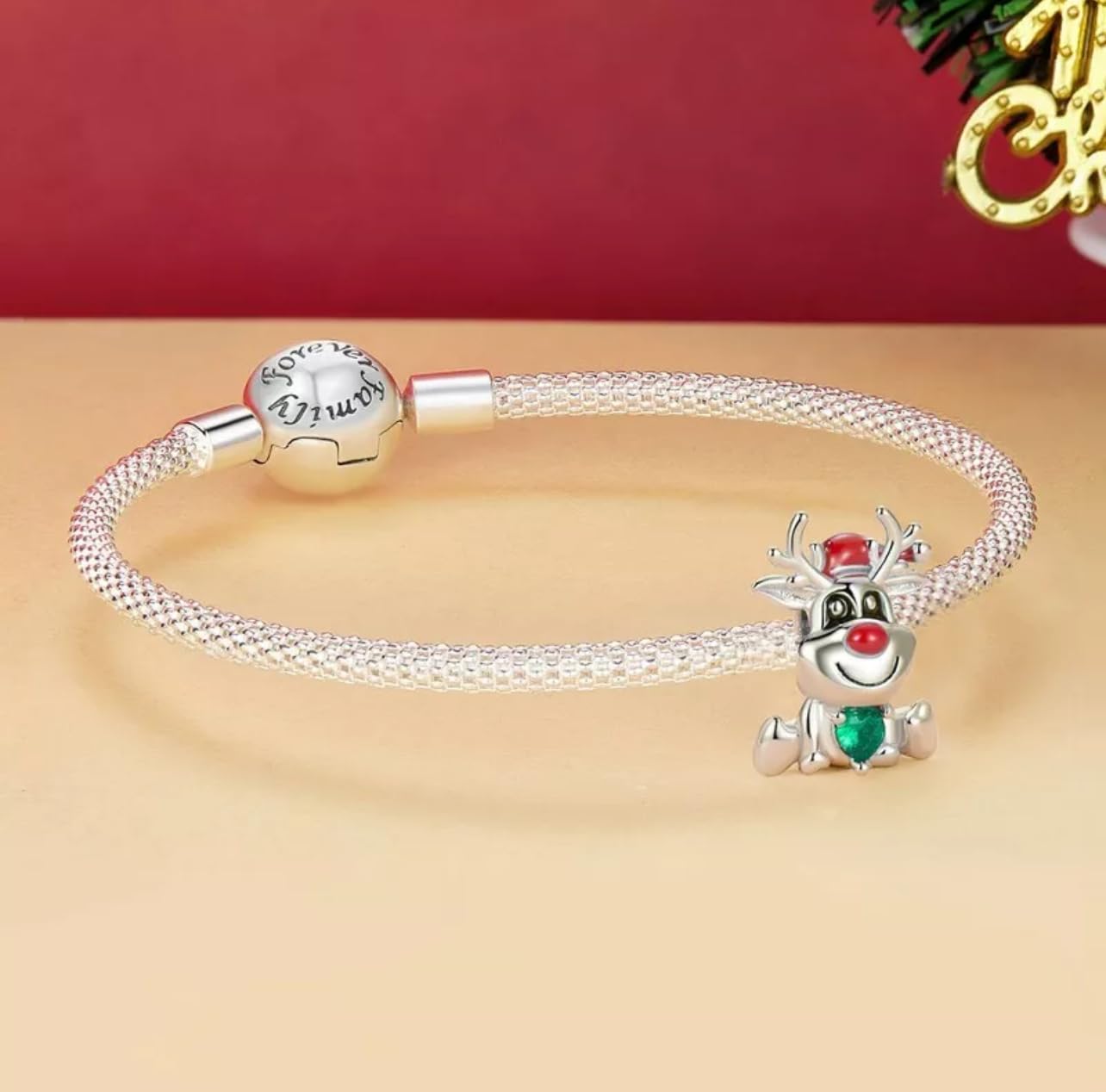 FLXHHX Abalorio de Navidad con diseño de Reno de Rudolph, Plata de Ley 925 auténtica, Compatible con Pulsera