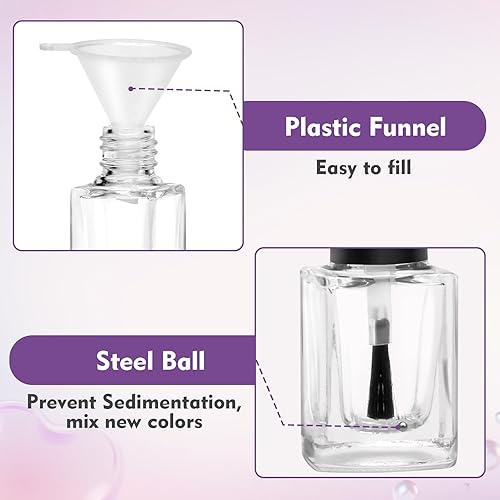 Miniatura 4 de Adecco LLC Botellas transparentes de esmalte de uñas vacías con embudo de tapa de cepillo y bola mezcladora (0.2 fl oz 5p)
