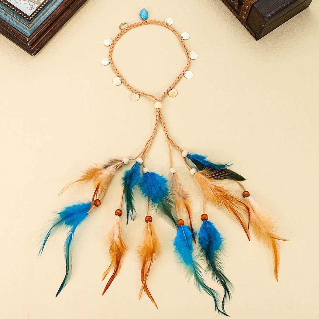 Fashband Indian Feather Headband Boho Coins Tassel Hippie Headdress Tribal Beads Festival Headpiece Hair Accessoriess for Women (B - Image 2
