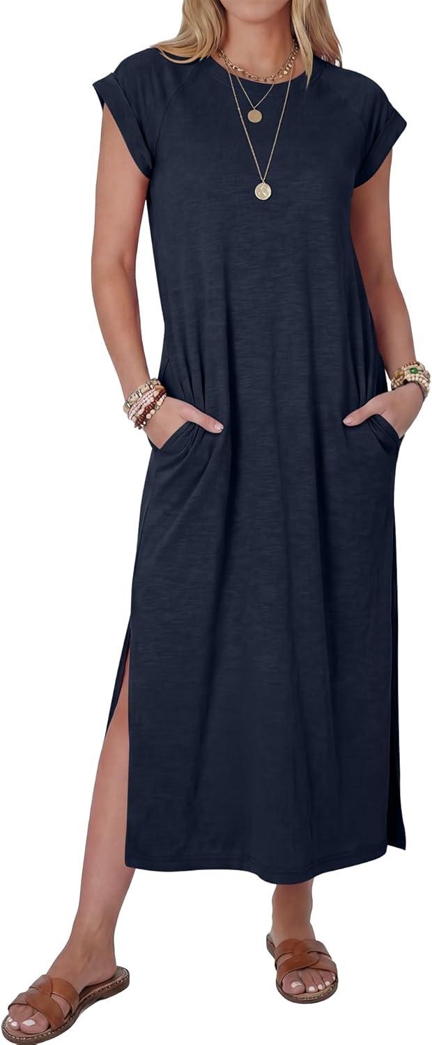 ANRABESS Women Summer Maxi Dress 2026 Casual Loose Cap Sleeve Crewneck Split Beach Vacation Long Sundress with Pockets
