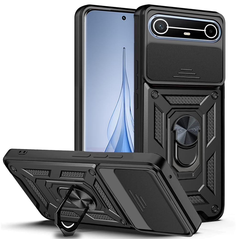 AESTMO Tough Armor Tecno Pova Slim 5G Bumper Back Case Cover | Ring Holder & Sliding Camera Shield Cover | 360 Degree Protection Back Case Cover for Tecno Pova Slim 5G (Black)