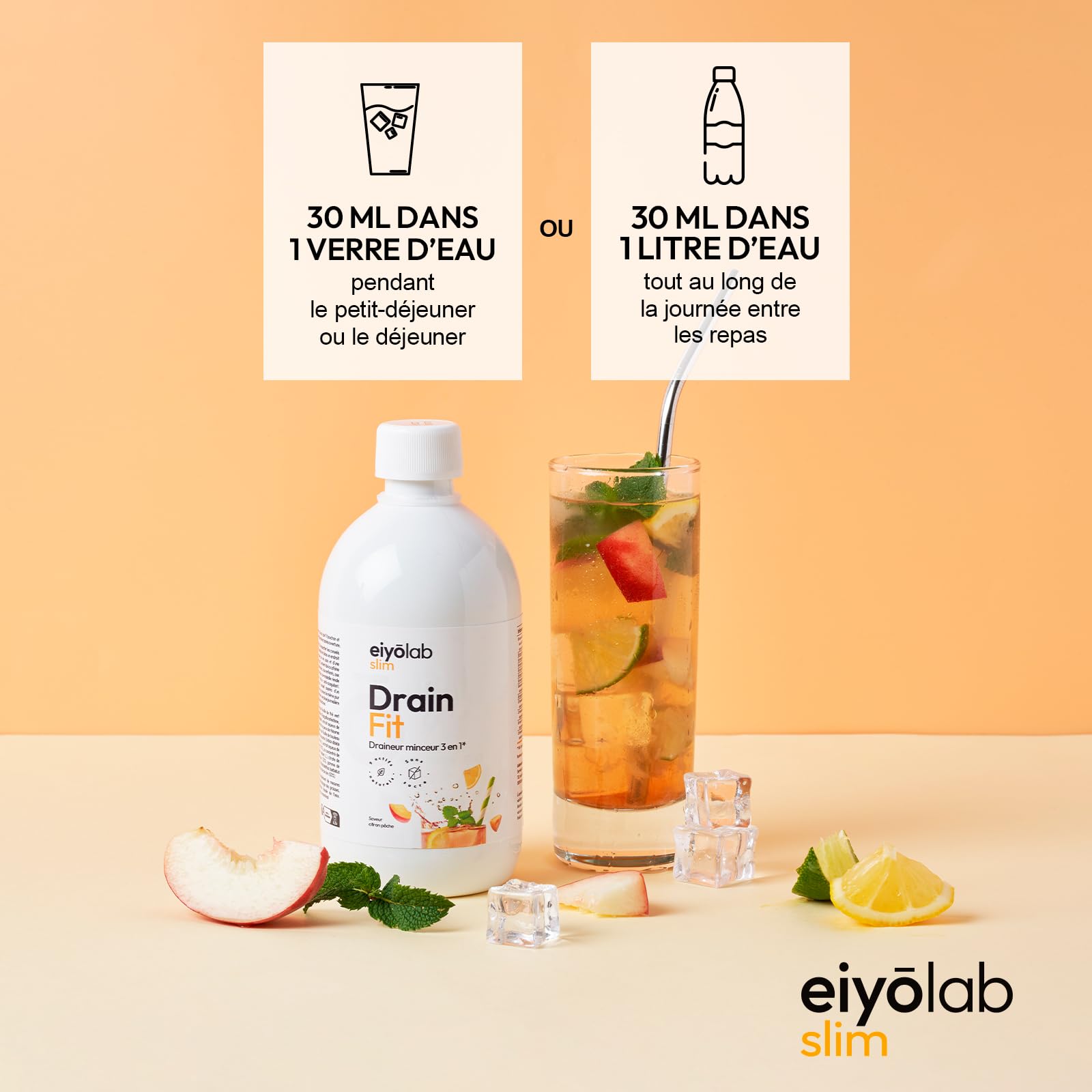 DRAIN FIT | Draineur Minceur Triple Action : Drainant + Détoxifiant + Amincissant | Réduit la Rétention d’Eau et Élimine la Cellulite | 500 ml | Délicieux Goût Citron-Pêche | Made in France | Eiyolab