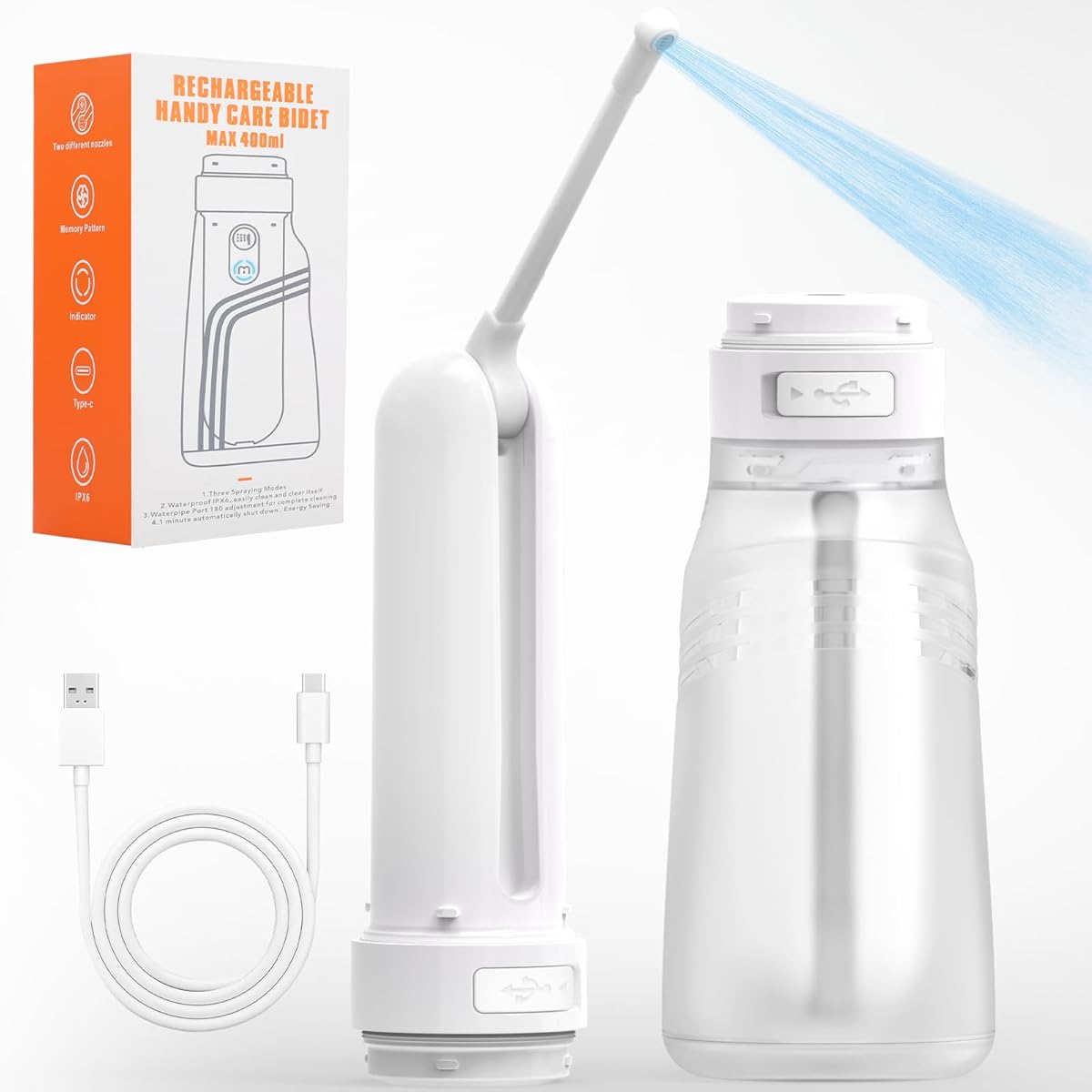 Portable Bidet for Travel with 400ml Bottle, Rechargeable Electric Travel Bidet with 3 Pressure Modes, Waterproof Handheld Bidet Sprayer for Women Men Baby Cleaning