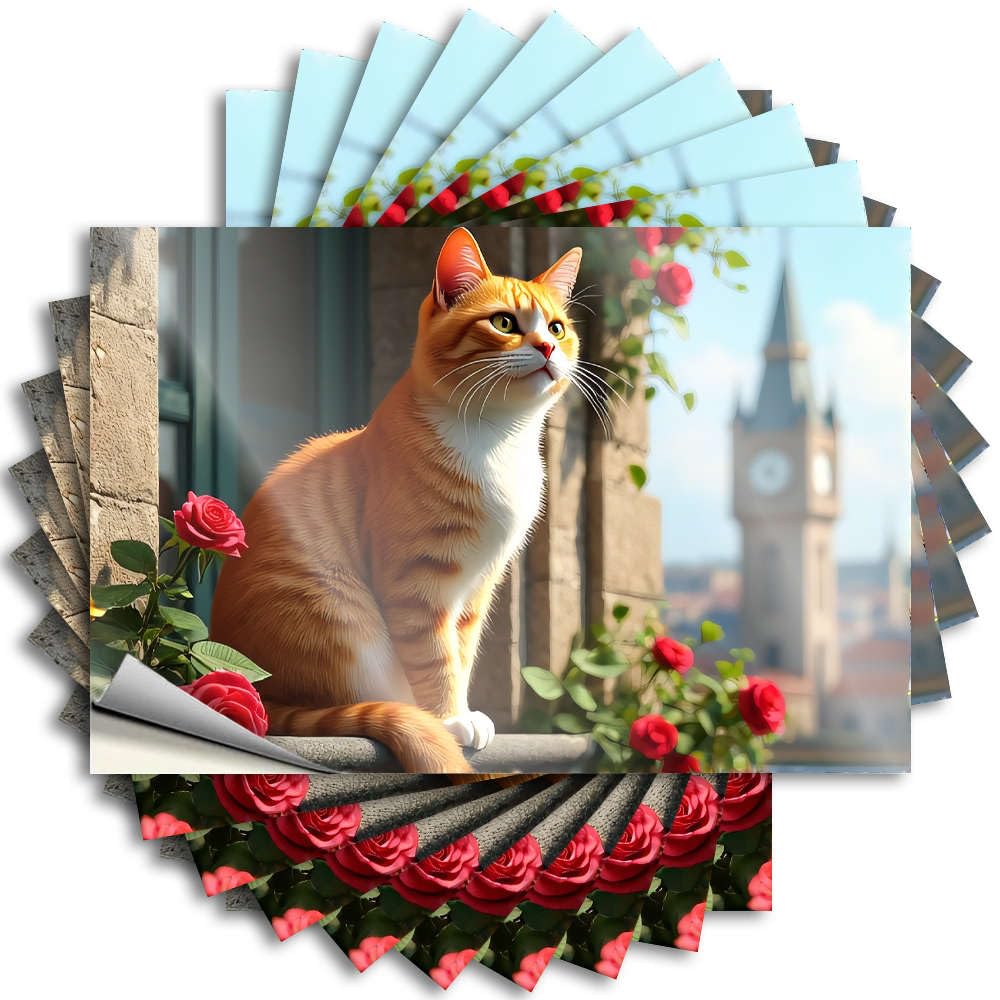 Decals Bath Decor Taupe Southern Bottle A Ginger Cat Sits On A Balcony Adorned with Red Roses, Overlooking A Cityscape. - Scratch Resistant Stickers(12X18CM)