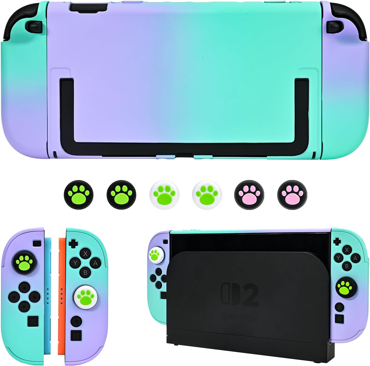 DLseego Protective Hard Case for Nintendo Switch 2 (2025), PC Grip Cover for Joy Con, Detachable JoyCon Controller Protectors-Shockproof& Scratch-Resistant Console Shell, 6 Thumb Grips - Purple Green