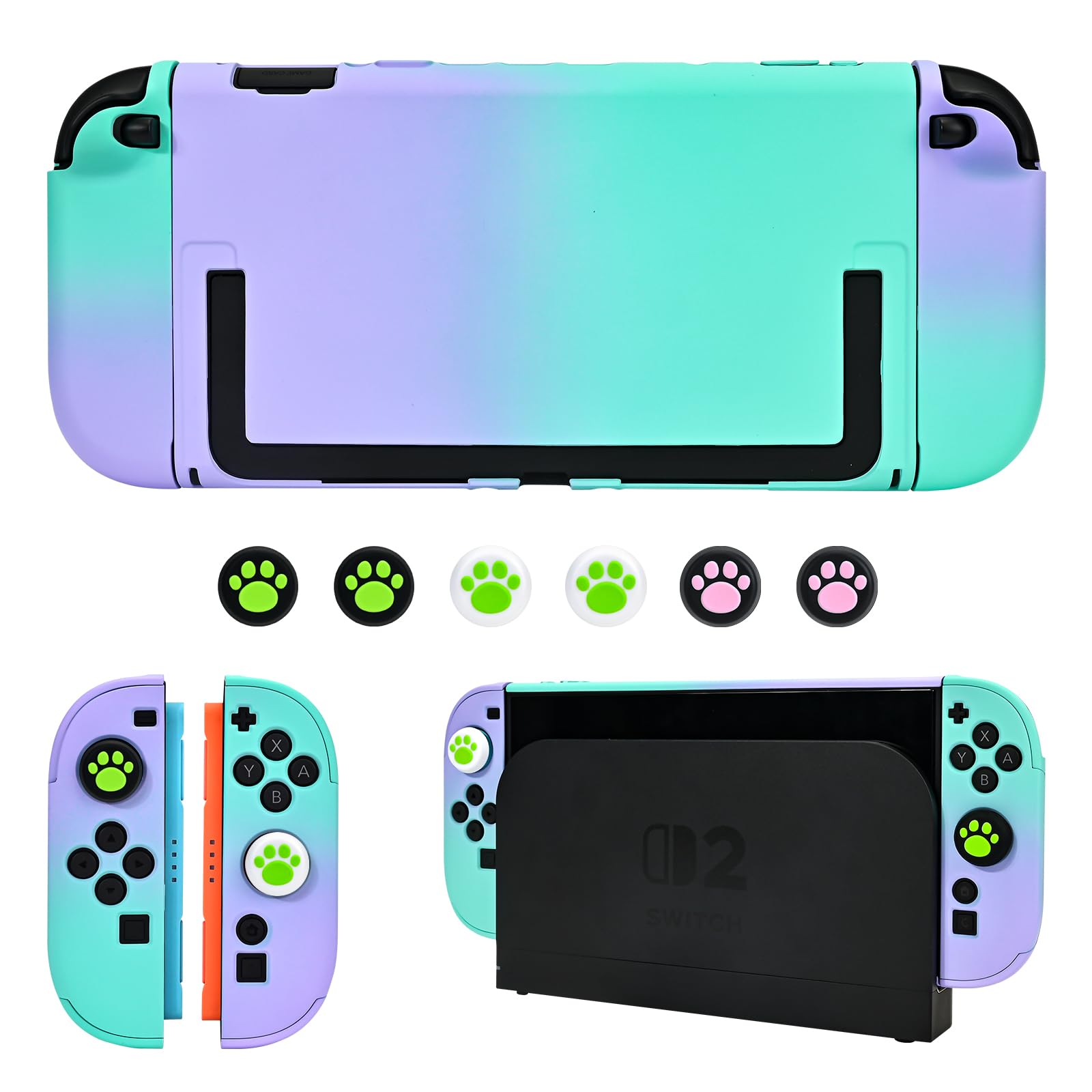 DLseego Hülle für Switch 2 2025, Dockable Farbige Harte Schutzhülle aus PC mit 2 Handgriffen und 6PCS Daumen Grips Kappe,Lila+Grün