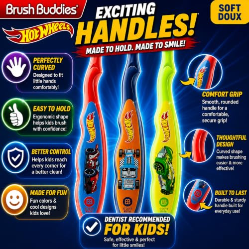 Image of Brush Buddies Hot Wheels Manual Toothbrushes for Kids - 3 Pack | Soft Bristled Children's Toothbrushes with Fun Multi-Colored Designs, Anti-Slip Grip Handles, Perfect for Toddlers, Home Use, or Travel