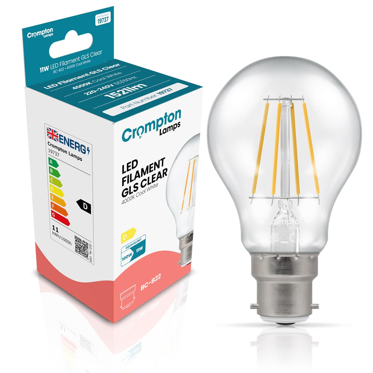 Crompton Lamps Filament GLS LED Light Bulb BC-B22d | 11W = 100W Equivalent | Cool White 4000K | Energy Efficient | Bayonet Lightbulb | Long Life 15,000-Hrs | Clear Glass | Dimmable