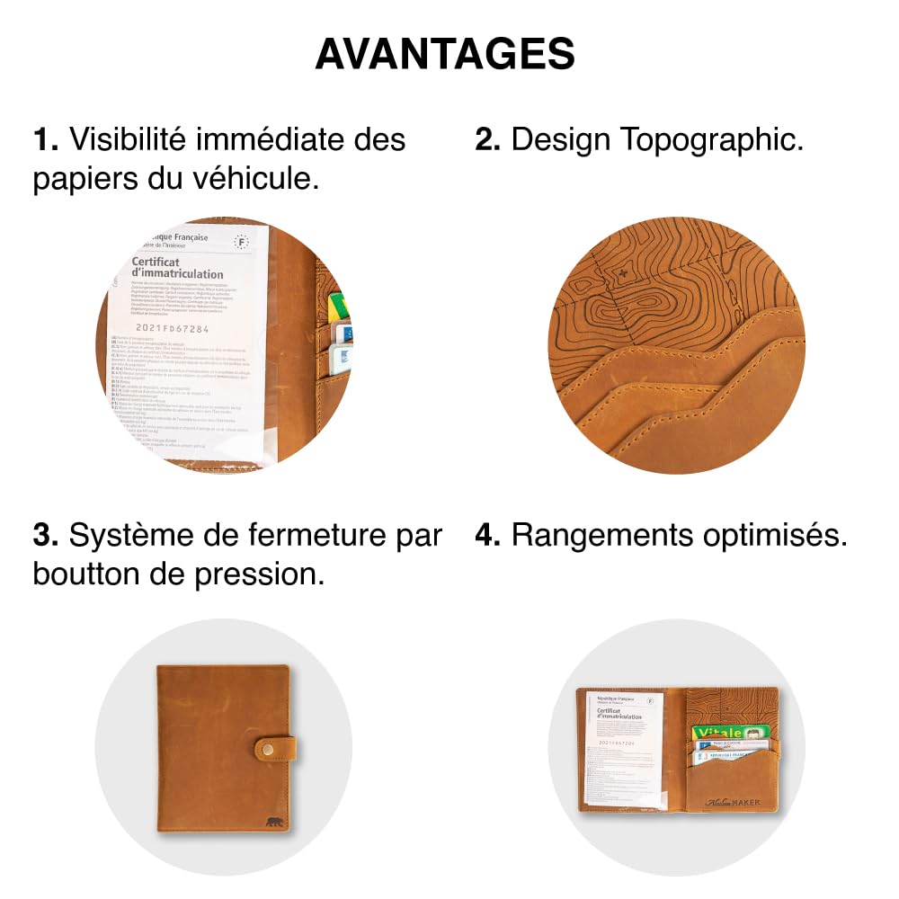 Alaskan MAKER - Custodia per carte di credito grigia in pelle pieno fiore - Archiviazione documenti auto e carte - Protezione RFID - Chiusura sicura con bottone a pressione - Formato compatto e