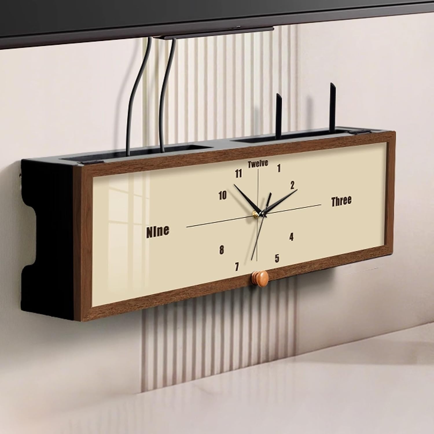 Home Media Storage Cabinet Router Wooden Storage Rack, WiFi Box Hider with Clock Design No Signal Blocking for Bedroom Living Room(60cm/23.6in)