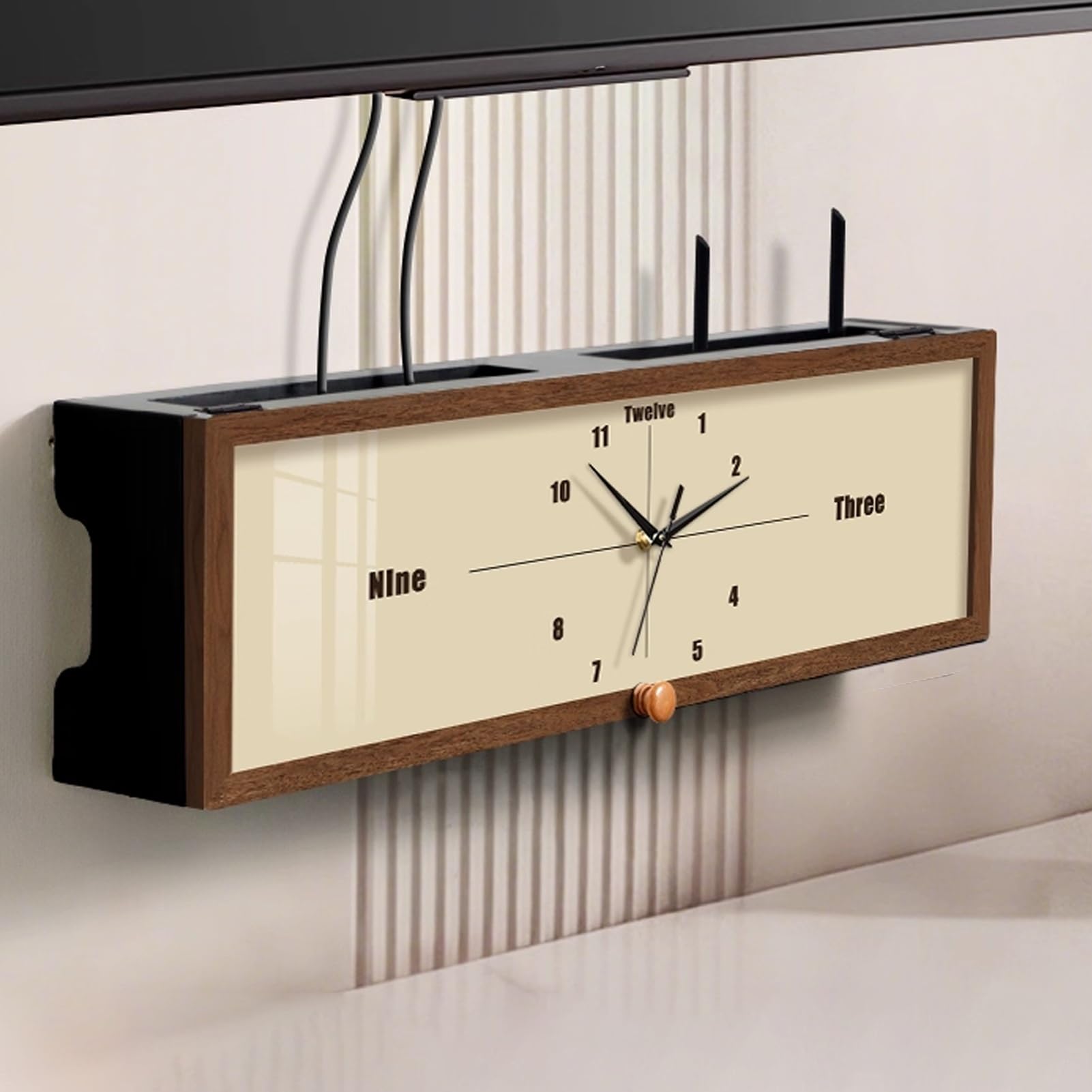 Boîte de rangement pour routeur et décodeur TV avec horloge et stockage WiFi bois