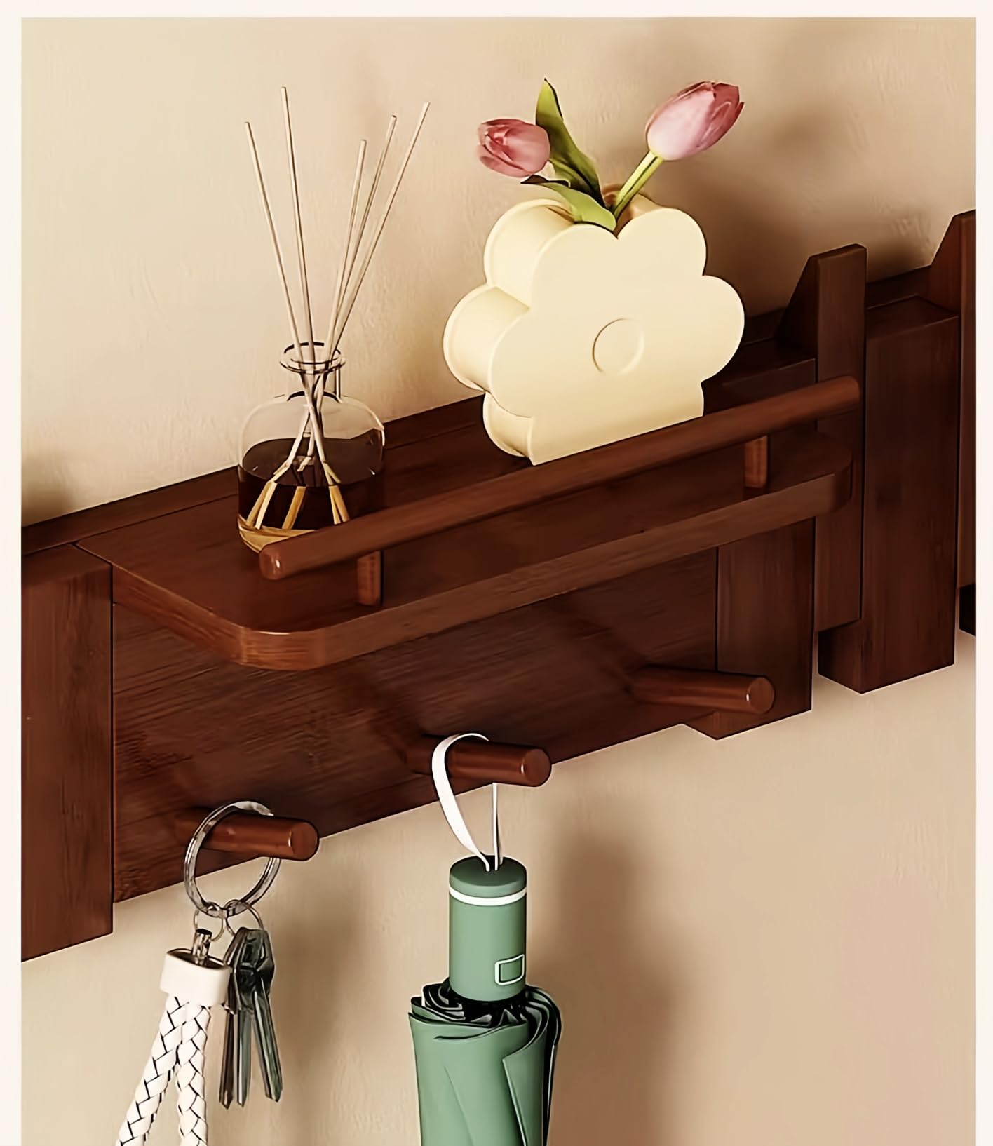 Colgador de llaves de piano montado en la pared, gancho estilo abatible, gancho de pared de entrada, hecho de madera de roble (3 veces pintado, 4 veces pulido) (haya valla, 10 ganchos)