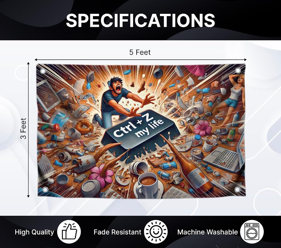 3x5 Ft Polyester Flag with 4 Brass Grommets - Ctrl + Z My Life Cool Single Sided Banner for Wall Home Decor - Funny College Dorm Poster for Outdoor or Indoor Use - Party Room Art or Office Decoration - Image 2