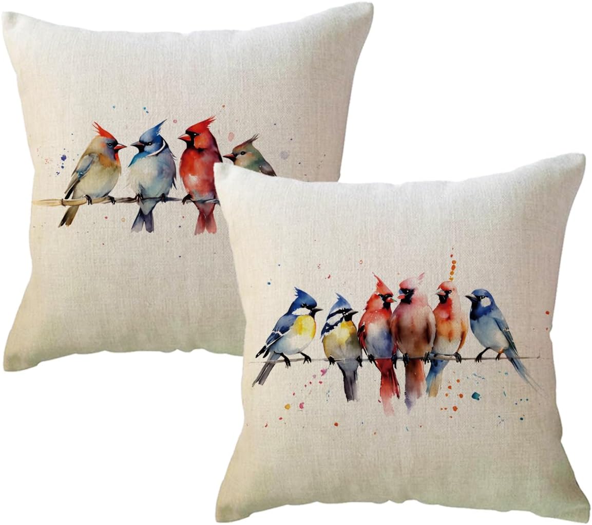 ULOVE LOVE YOURSELF 2Pack Lovely Birds Decorative Pillow Covers Watercolor Birds Rest on Branch Cushion Cover Spring Rustic Farmhouse Decor Throw Pillowcase 18x18 inch for Sofa/Couch/Porch