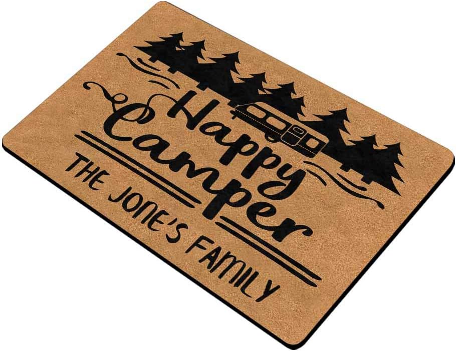 MyPupSocks Custom Doormat Personalized Text Mat Happy Camper Tree Doormat Door Mat Floor Rug 23.6 x 15.7 Inches Indoor Outdoor Bathroom Living Room Non Slip Decor