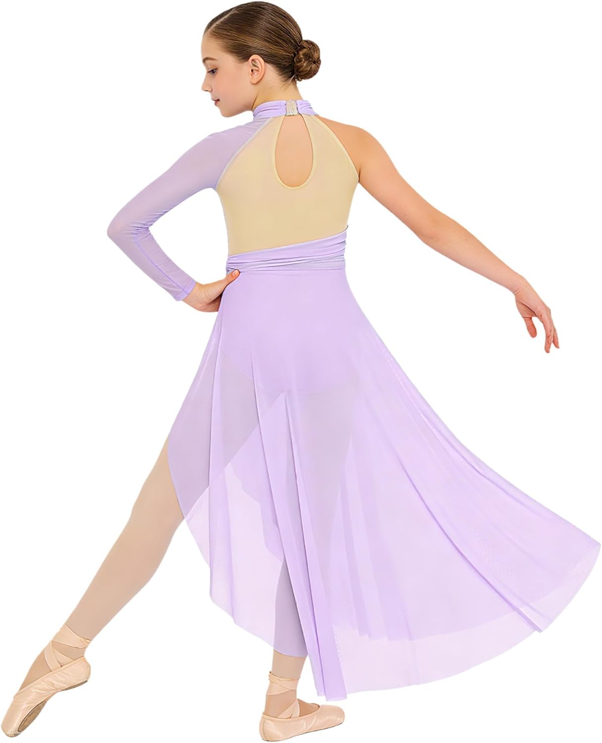 ranrann Kids Girls Lyrical Contemporary Dance Dress Mock Neck Ballet Dance Leotard High Low Split Long Dress