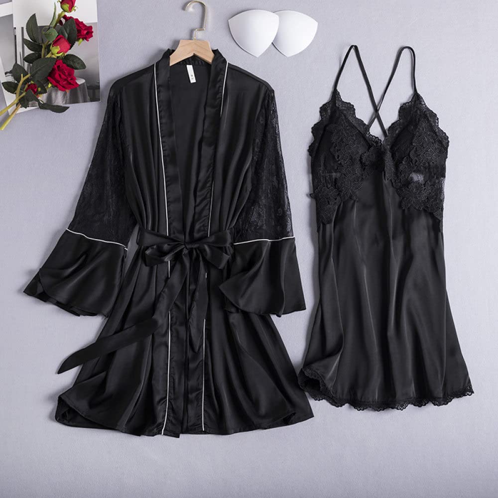 Accappatoio,Set 2 Pezzi Accappatoio Kimono In Raso Maglia Pizzo Sexy Camicia Da Notte Senza Schienale Con Pettorale Elegante Volant Maniche Larghe Abito Con Lacci Abito Da Sposa Bademantel Damen,Ner