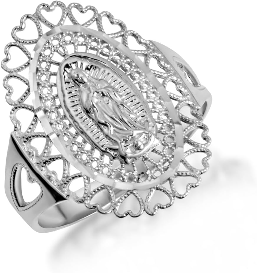 Claddagh Gold .925 Sterling Silver Lady Of Guadalupe Sacred Heart Oval Medallion Ring with Multiple Ring Size