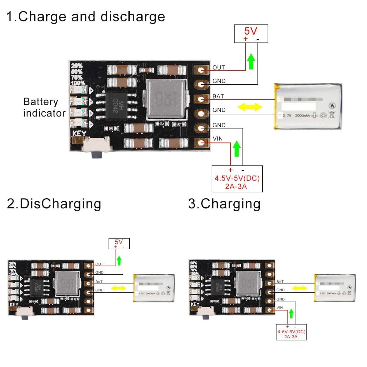 Modulo scheda di ricarica della batteria al litio, modulo di scarica del caricabatterie 2A 5V 4in1 Scheda di protezione della carica della batteria per batteria agli ioni di litio 3,7 V 4,2 V, sche