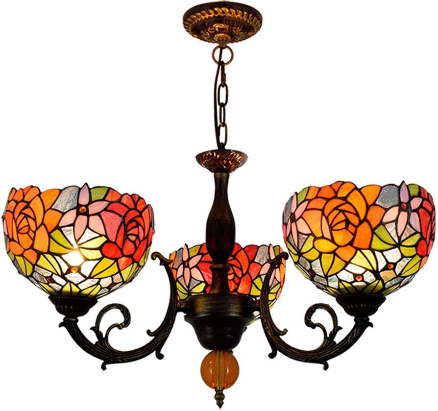 HomeLavaTiffany Chandelier Fixtures Light Hanging Lamp Stained Glass Colorful Rose Lighting 3 Lights Ceiling Chandelier Lighting Pendant Lamp D22.5 inches
