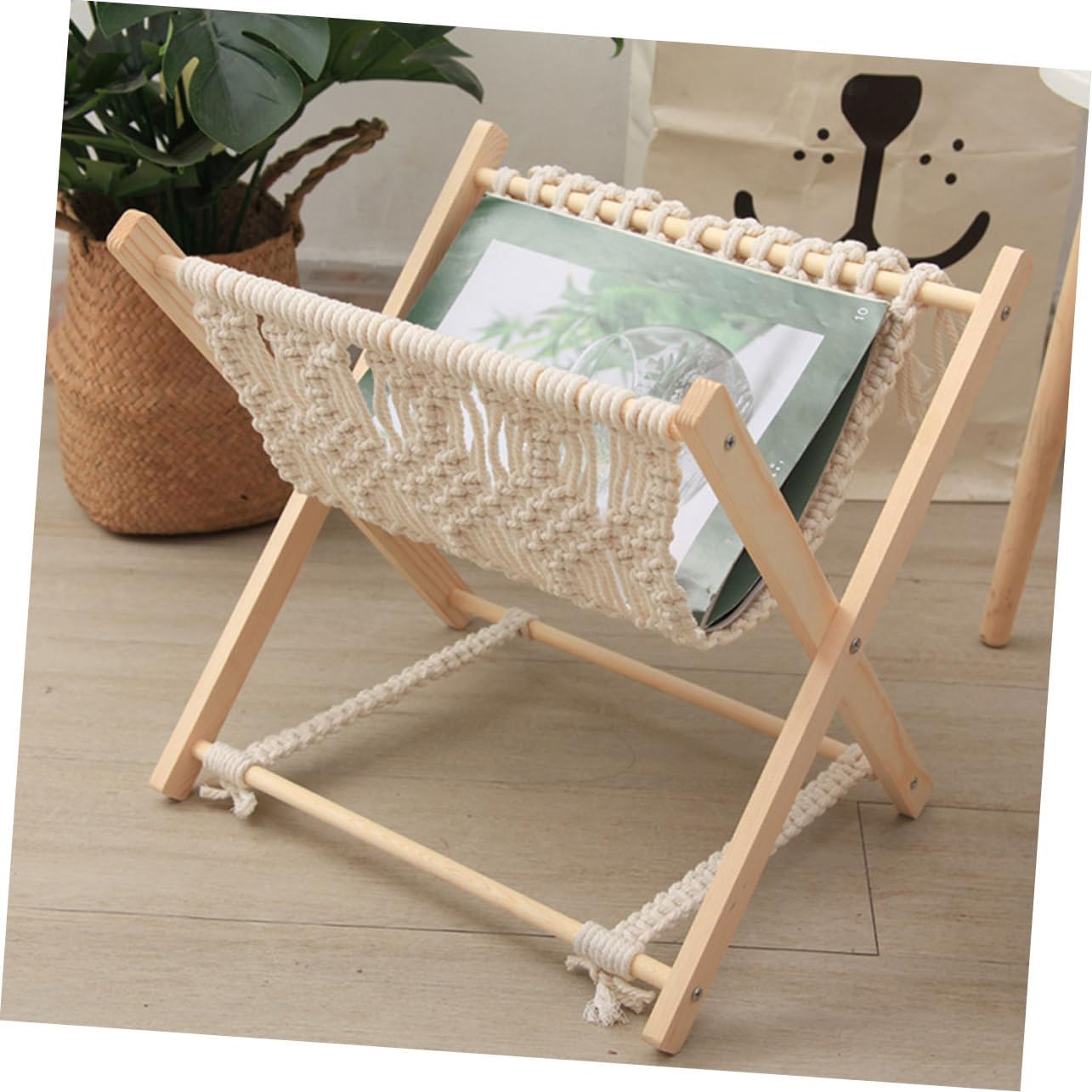 Cotton Rope Magazine Shelf Rustic Storage Rack for Garage Office Bookshelf