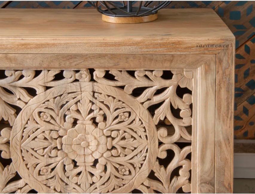 Image of Yepa Wooden Sideboard Cabinet for Living Room | Handcrafted Solid Wood Storage Cabinet with Carved Doors | Crockery Cabinet for Home | Crockery Furniture for Home (Natural)