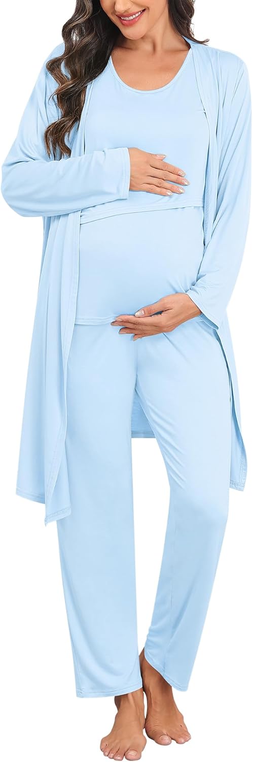 SWOMOG Maternity Nursing Robe Set 3 PCS Postpartum Breastfeeding Pajamas Lounge Hospital Pregnancy Pjs with Robe