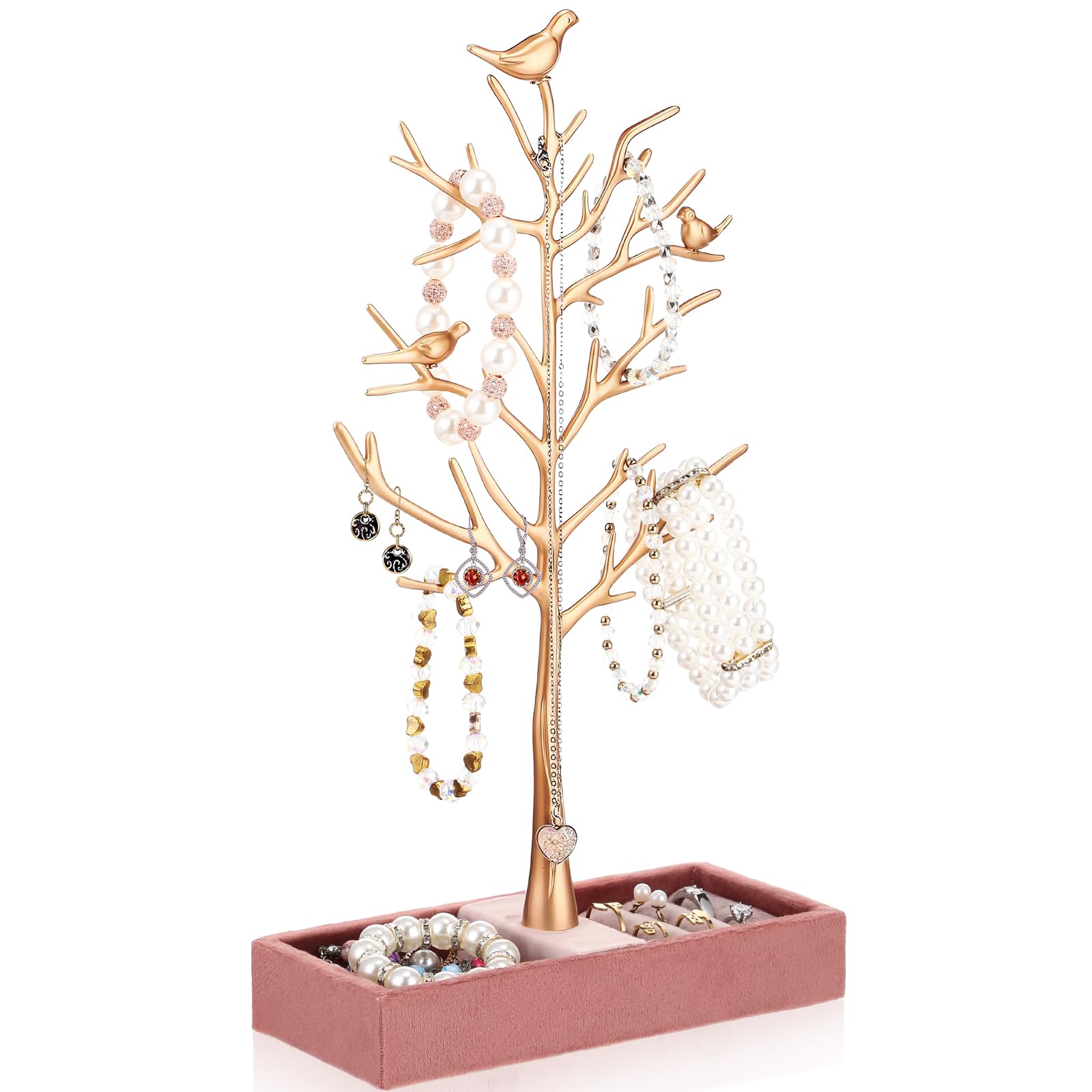 Jewelry Tree with Suede Tray Birds Tree Jewelry Stand Display Necklace Bracelet Earring Tree Gold Jewelry Tree Stand Organizer for Living Rooms Bathrooms Offices Street Market