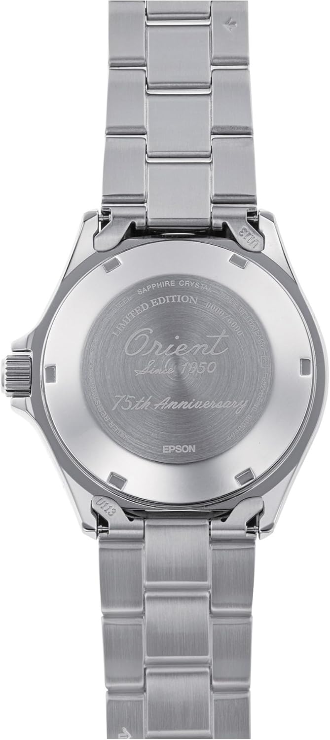 Close-up of the Orient Sports Watch RA-AA0823L case back with 'Limited Edition' and '75th Anniversary' engravings.