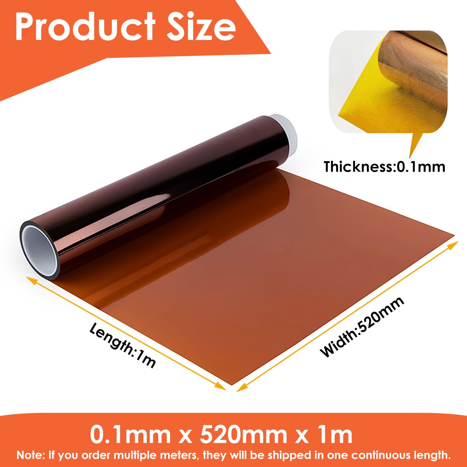 Polyimid PI Film 500-520mm Breite 0.015-0.1mm Dicke Haftfrei Hitzebeständig Isolationsfolie für Labor Elektronik Industrie DIY,0.1x520mm