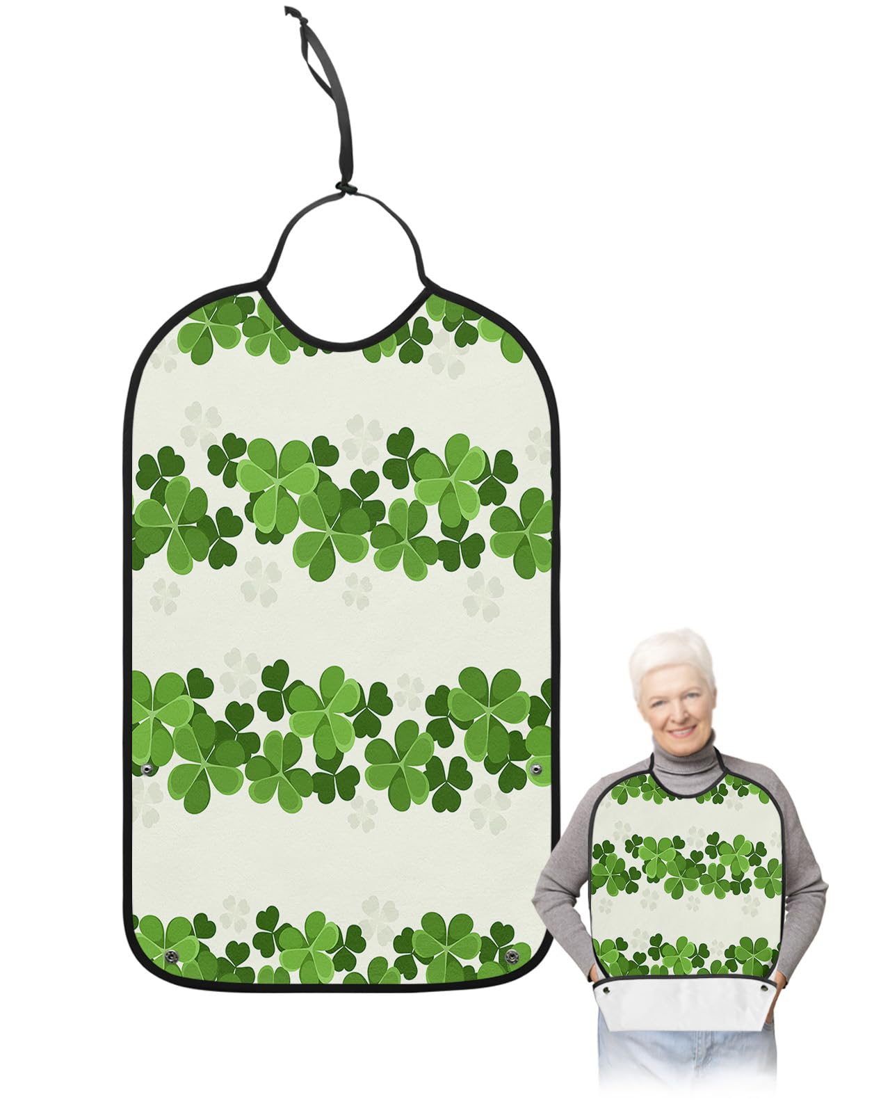 St. Patrick's Day Adult Bibs for Eating, Waterproof Bibs with Food Catcher & Adjustable Snap Closure, Lucky Green Clover Board on White Washable Clothing Protectors Adult Bibs for Elderly Women/Men