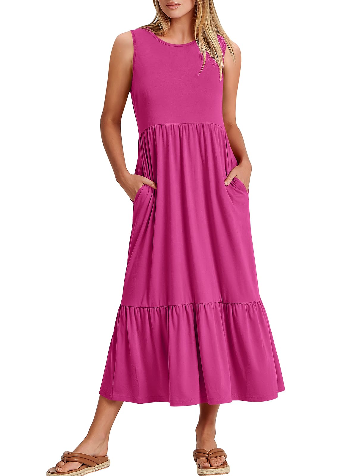 ANRABESSWomen Summer Casual Sleeveless Crewneck Sundress Aline Flowy Tiered Maxi Long Beach Dress Vacation Outfits