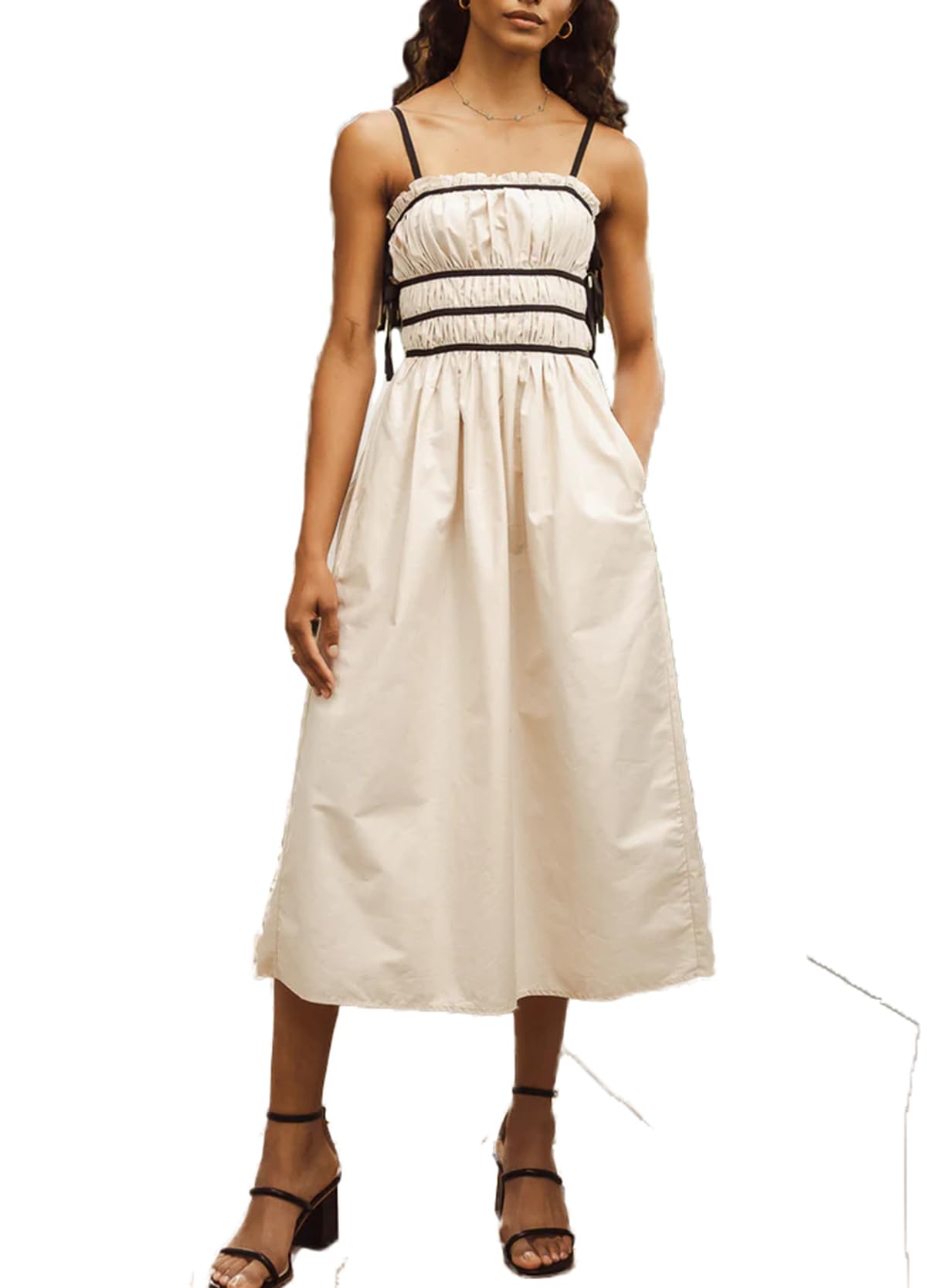 WenaZaoWomens Spaghetti Strap Maxi Dresses Ruffle Neckline Side Tie Pleat Back Smocked Bodice Casual Long Dress with Pockets