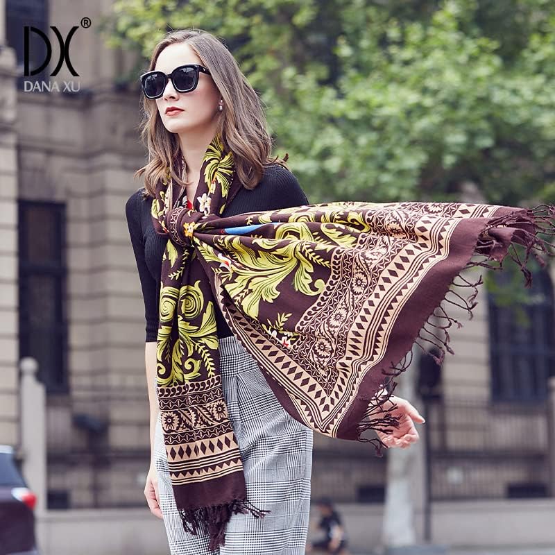 DANA XU 100% Merino Wool Pashmina Shawl for Women 96"x43", Oversized Cashmere Wrap with Tassels, Floral Travel Blanket Cape - Image 7