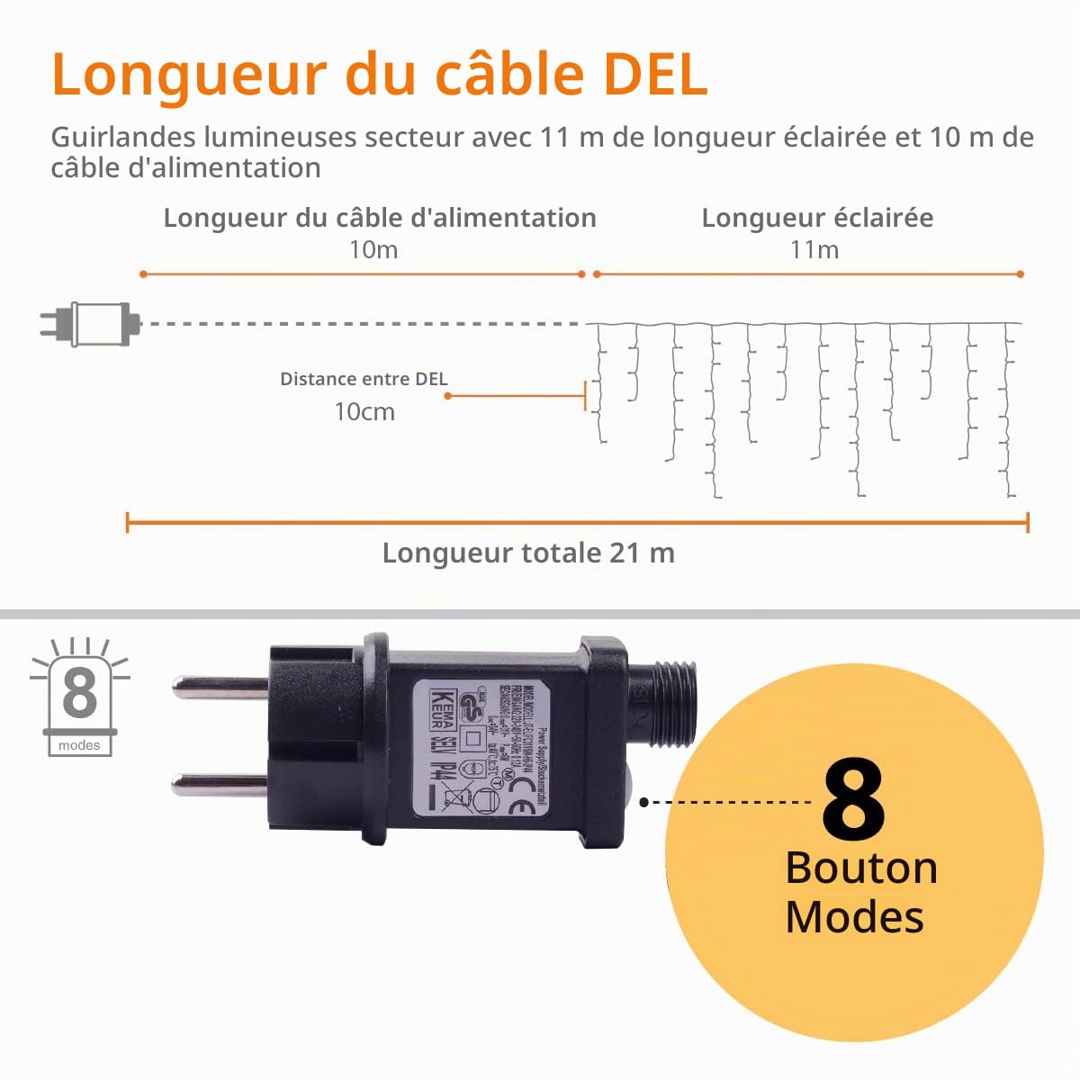 ANSIO® Guirlande Lumineuse 11m 320 LED Blanc Chaud Guirlande Stalactite de Noel d'Extérieur et Intérieur Idéales pour Fenêtre, d’un Jardin | Facile à Installer électrique Guirlande | Câble Transparent