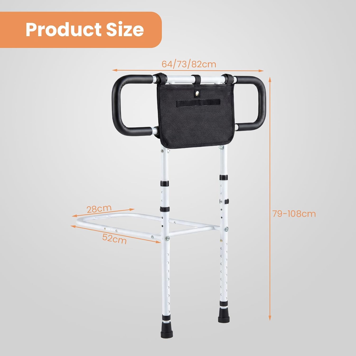 Folding Standing Aid Bed, Adjustable in Width & Height, Bed Rail with Bag, Safety Belt & 2 Handles, Safety Railing for Seniors up to 136 kg Load Capacity (White)
