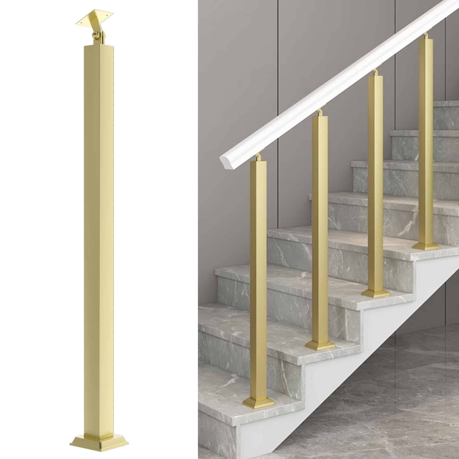 square stair baluster posts- 270° adjustable metal railing spindles with flat bracket base and screws kits; golden iron posts are suitable for deck, balcony, stair, indoor and outdoor decor