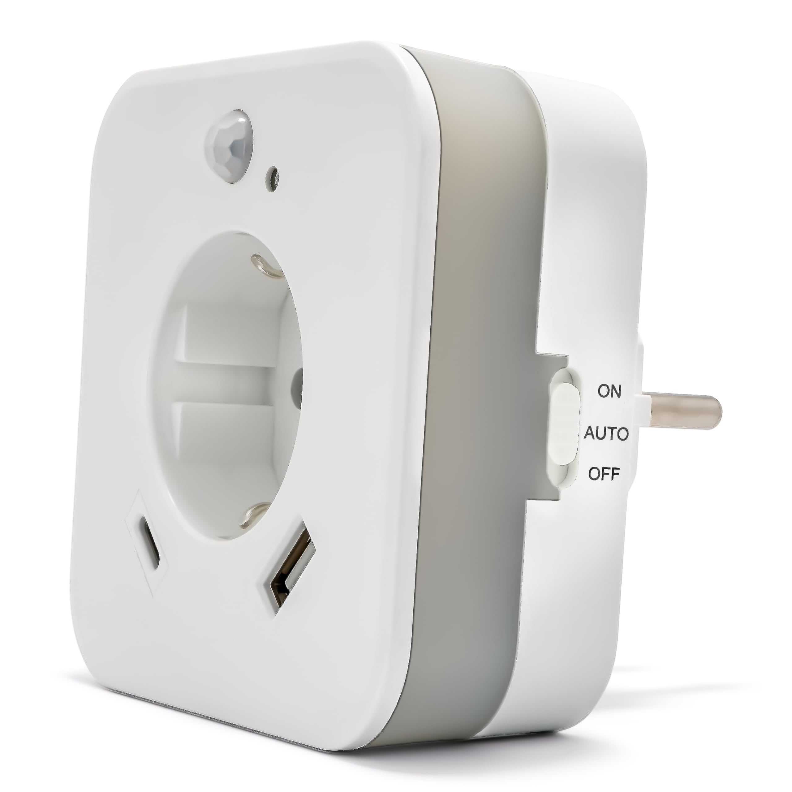 Luce notturna a LED con sensore di movimento e presa, 2 x USB (1 x USB C + 1 x USB A) 2.4A, bianco, interruttore di modalità on/off/auto, sensore di luce automatico, GS (sicurezza testata) (2