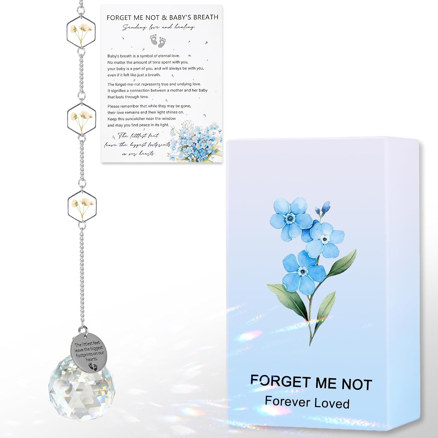Miscarriage Memorial Suncatcher Gifts for Mothers Dad, Handmade Forget Me Not Baby's Breath Pressed Flower Miscarriage Ornament, Bereavement Remembrance Gift for Loss of Baby (Blue White)