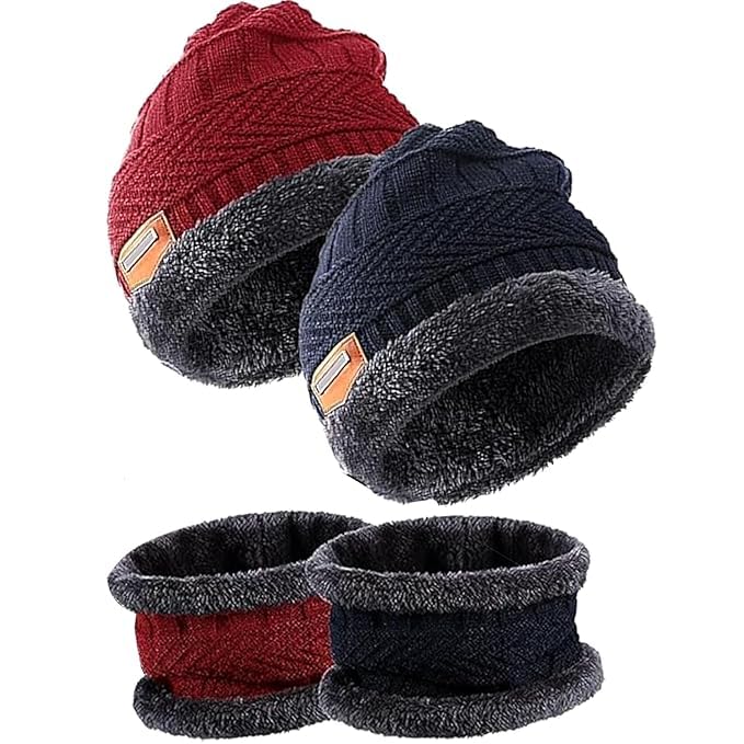 Winter Woolen Beanie Cap & Neck Warmer Combo with Soft Inner Fur | Warm Skull Cap & Muffler Set for Men & Women | Air-Proof, Ear Protection, Cozy Winter Hat Scarf Combo (black and mehroon) pack -2-image-48