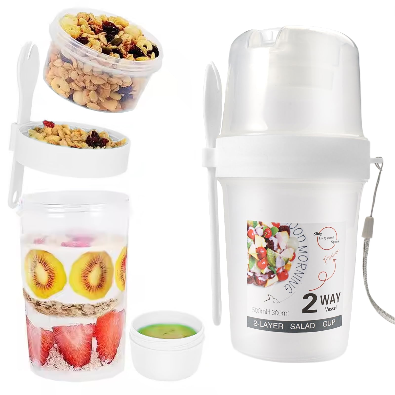CEREAL CUP TO GO 300 ML + 500 ML 더블 레이어 요거트 컵 TO GO 누출 방지 CEREAL TO GO 머그잔 스푼 냉장고 및 식기 세척기 안전 직장, 학교, 피크닉용 CEREAL 컵