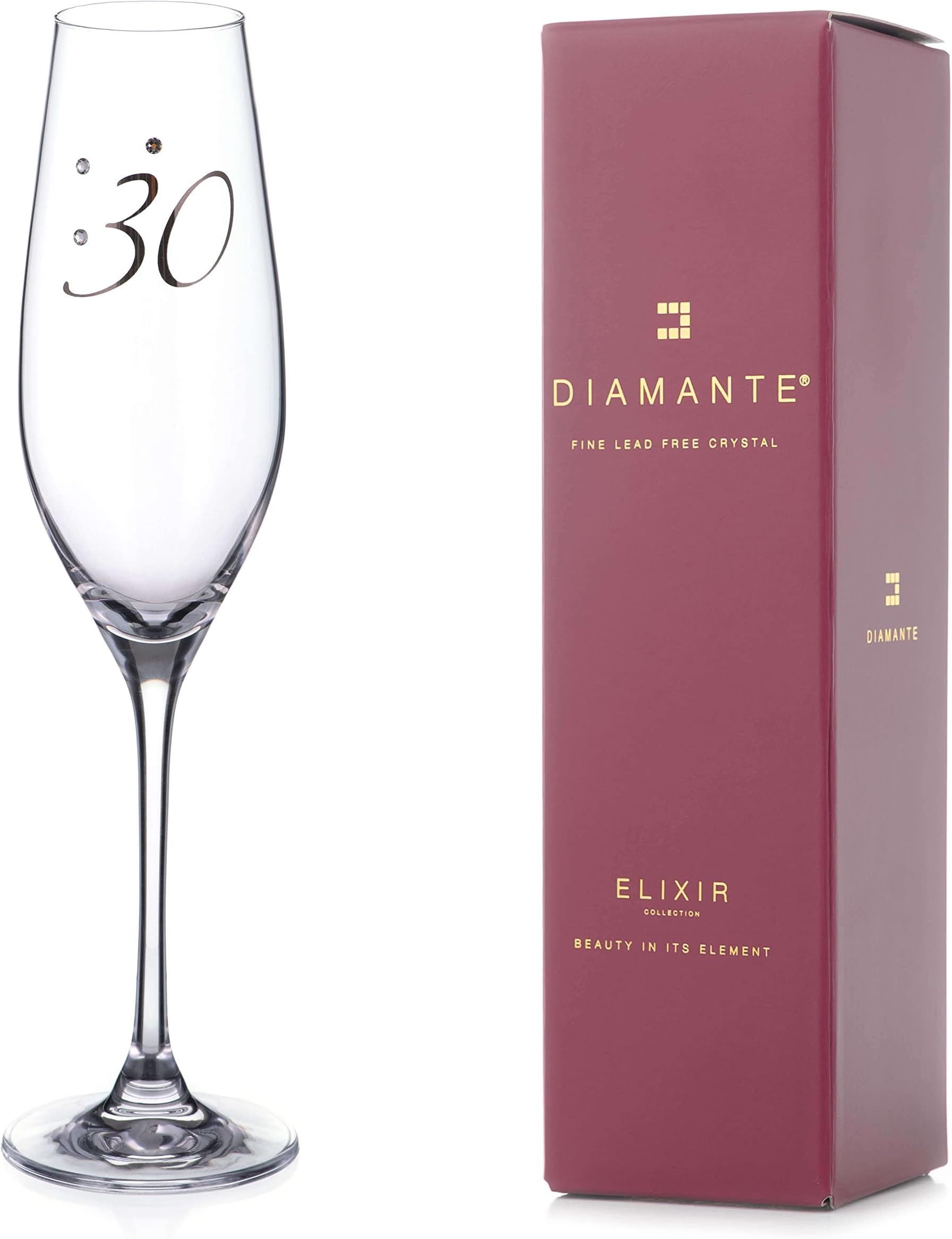 DIAMANTE Swarovski "30thโ Birthday" Champagne Flute โ Single Crystal Champagne Glass with Platinum 30 Embossed and Swarovski Crystals โ Gift Boxed
