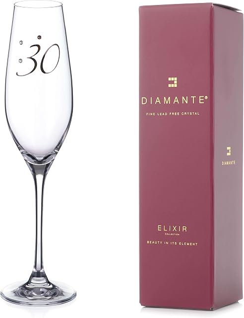 DIAMANTE Swarovski"30th Birthday" Champagne Flute  Single Crystal Champagne Glass with Platinum 30 Embossed and Swarovski Crystals  Gift Boxed
