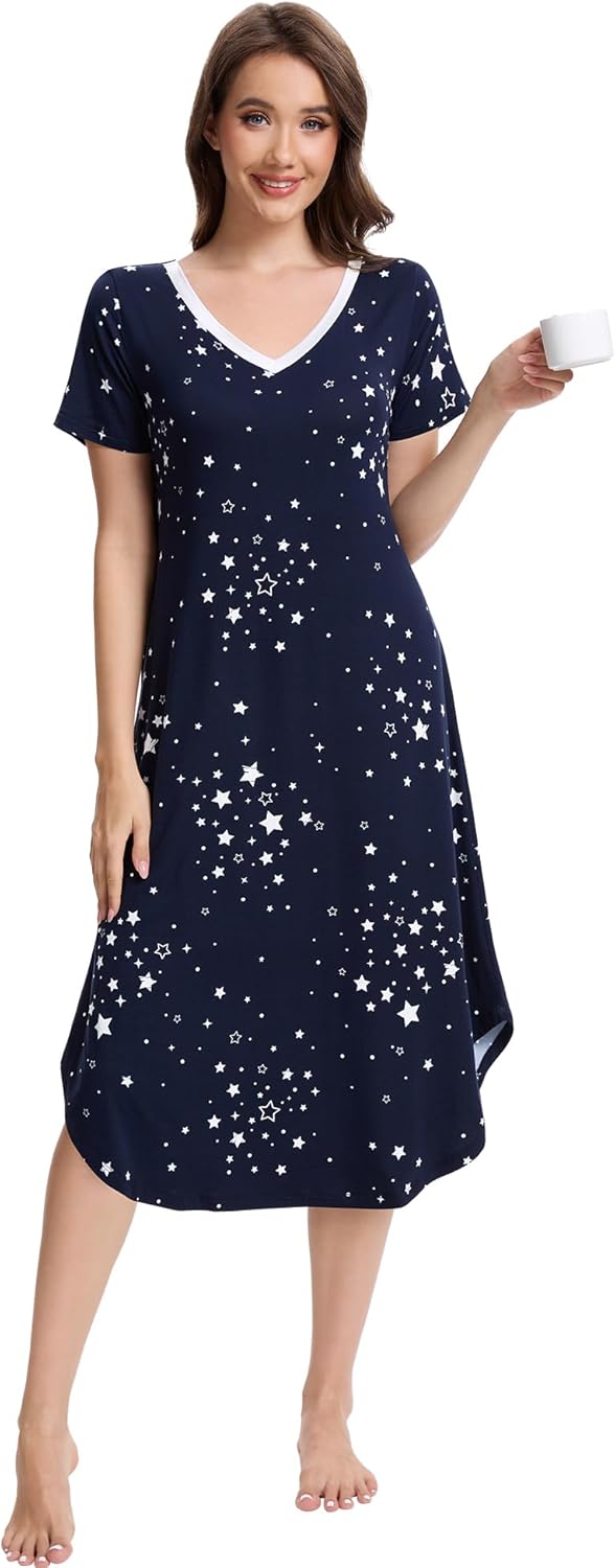 WiWi Nightgowns for Women Viscose from Bamboo Nightshirts Short Sleeve Nightshirt Sleep Gowns Loungewear Nightdress S-XXL